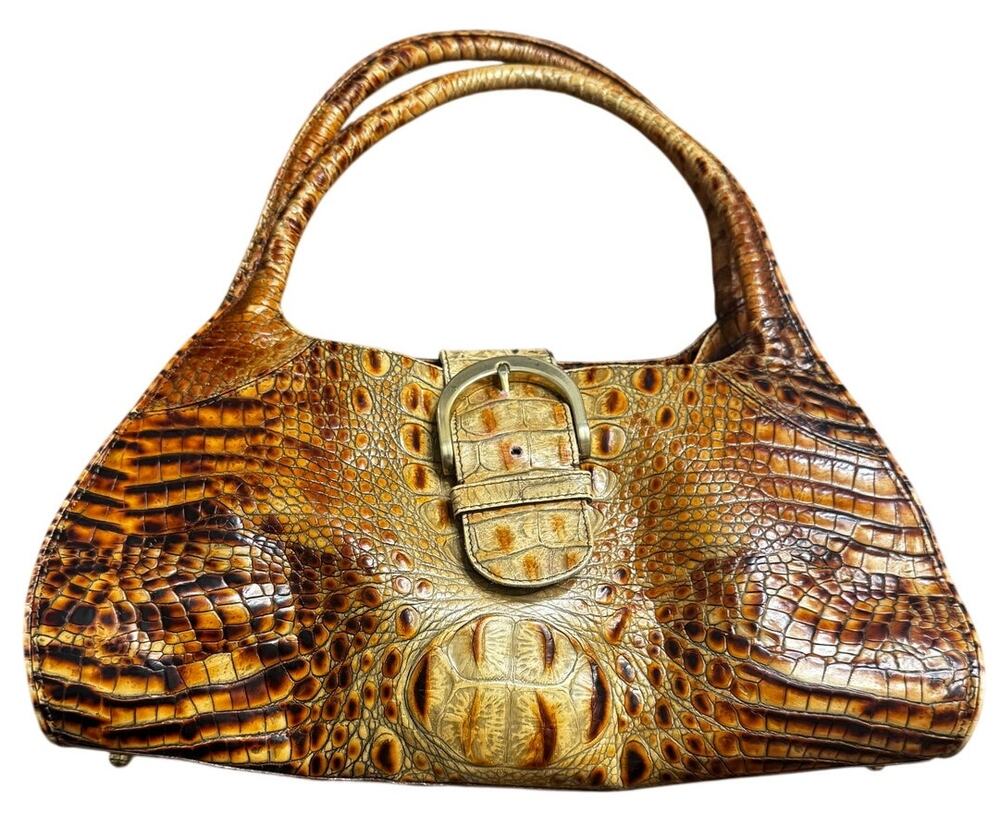 1990s Vintage Brahmin Warm Brown Croc Embossed Leather Shoulder Bag Gold Buckle